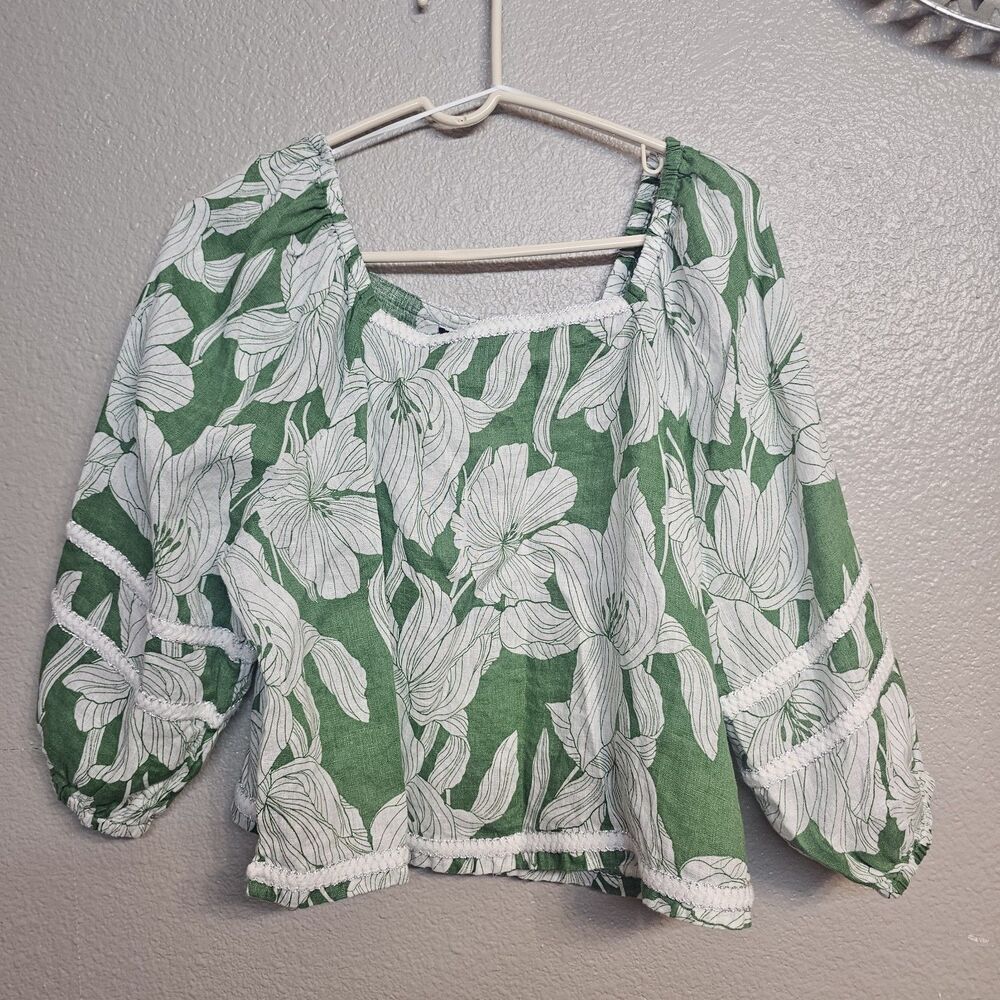 Tahari 100% Linen Green & White Floral Peasant Blouse Women’s Sz Large Boho U427